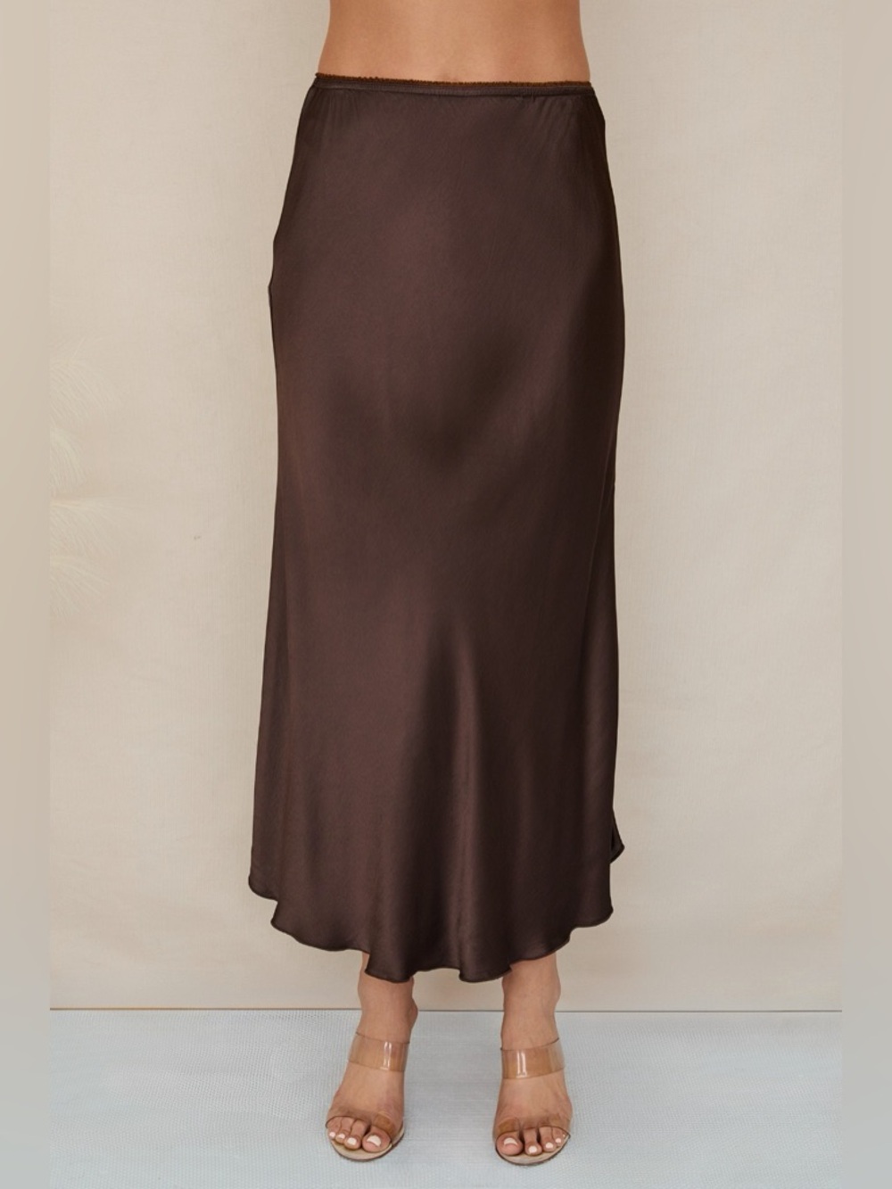 (9298/235110-CHOC) SOLID ELASTIC LACE TRIM WAIST SILKY VISCOSE MAXI SKIRT